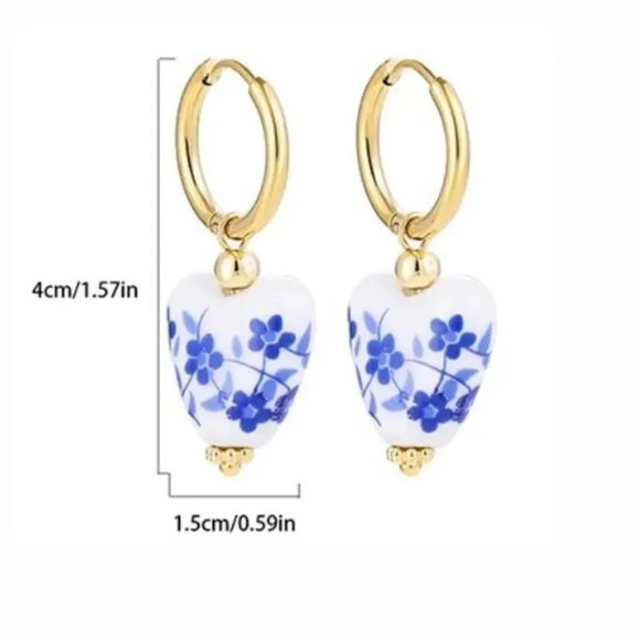 Ethnic Blue Porcelain Heart Stainless Steel Pearl Earrings - Picture 8 of 13